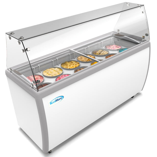 KoolMore 12 Tub Ice Cream Dipping Cabinet Display Freezer with Sliding Glass Door and Sneeze Guard, 20 cu. ft.