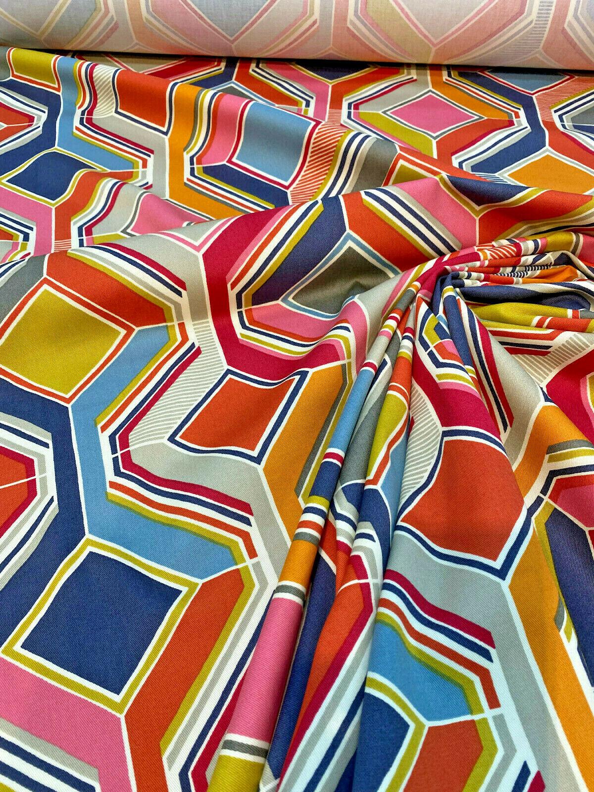 Selby Sherbet 100 Percent Cotton Fabric - Modern Pucci Tile, Pink Blue Green Yellow, Orange, Gray, White Charcoal, 55" Width (1 Yard)