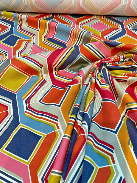 Selby Sherbet 100 Percent Cotton Fabric - Modern Pucci Tile, Pink Blue Green Yellow, Orange, Gray, White Charcoal, 55" Width (1 Yard)