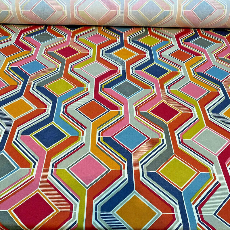 Selby Sherbet 100 Percent Cotton Fabric - Modern Pucci Tile, Pink Blue Green Yellow, Orange, Gray, White Charcoal, 55" Width (1 Yard)