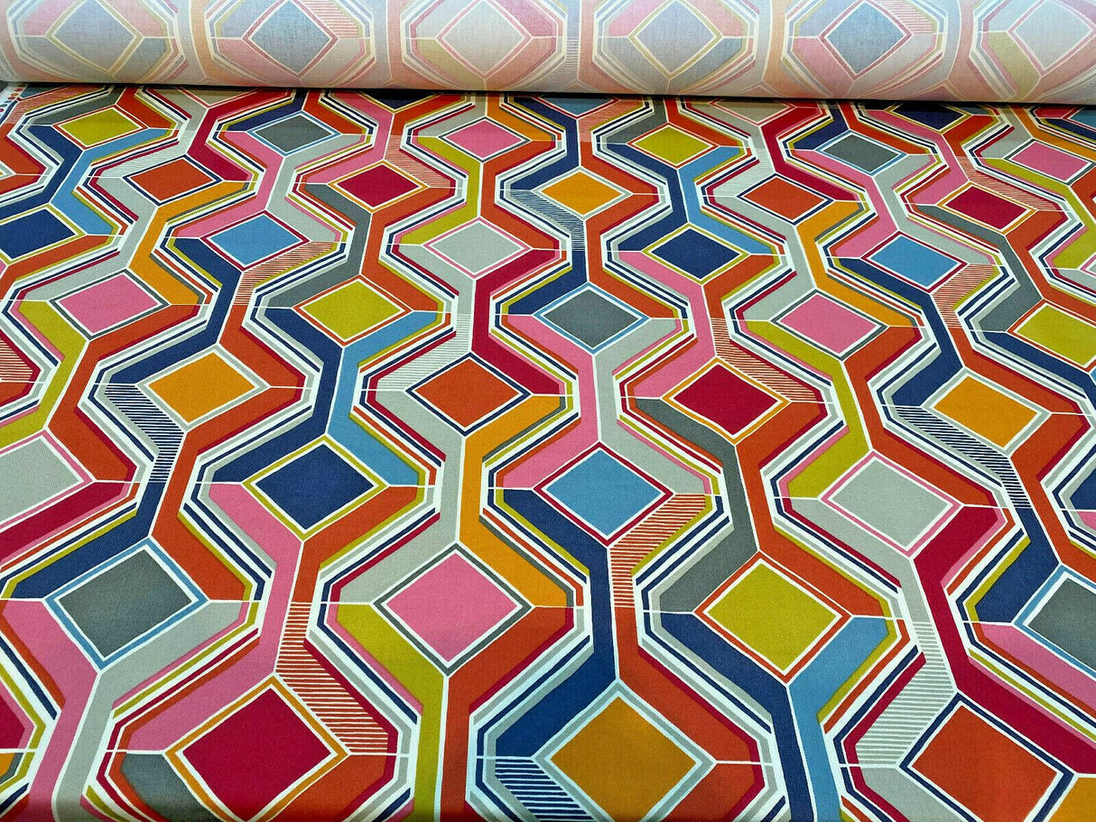 Selby Sherbet 100 Percent Cotton Fabric - Modern Pucci Tile, Pink Blue Green Yellow, Orange, Gray, White Charcoal, 55" Width (1 Yard)