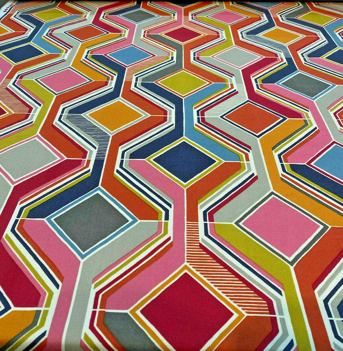Selby Sherbet 100 Percent Cotton Fabric - Modern Pucci Tile, Pink Blue Green Yellow, Orange, Gray, White Charcoal, 55" Width (1 Yard)