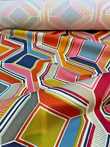 Selby Sherbet 100 Percent Cotton Fabric - Modern Pucci Tile, Pink Blue Green Yellow, Orange, Gray, White Charcoal, 55" Width (1 Yard)