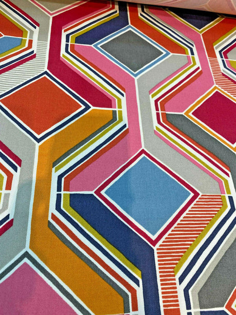 Selby Sherbet 100 Percent Cotton Fabric - Modern Pucci Tile, Pink Blue Green Yellow, Orange, Gray, White Charcoal, 55" Width (1 Yard)