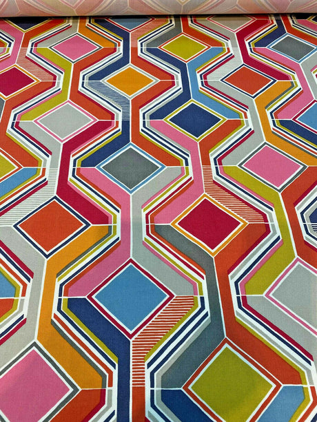 Selby Sherbet 100 Percent Cotton Fabric - Modern Pucci Tile, Pink Blue Green Yellow, Orange, Gray, White Charcoal, 55" Width (1 Yard)