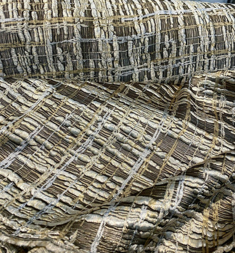 Cubism Square Jacquard Fabric - Gold, Gray Taupe Tint, Contemporary Cubism Square Pattern, 108" Double Width (By The Yard)
