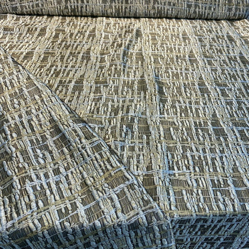 Cubism Square Jacquard Fabric - Gold, Gray Taupe Tint, Contemporary Cubism Square Pattern, 108" Double Width (By The Yard)