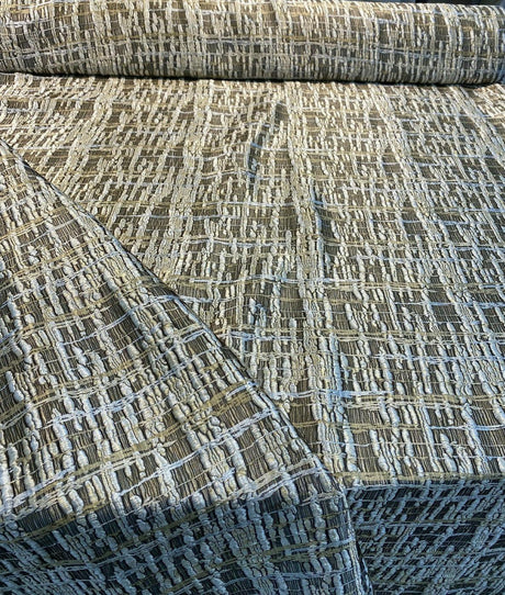Cubism Square Jacquard Fabric - Gold, Gray Taupe Tint, Contemporary Cubism Square Pattern, 108" Double Width (By The Yard)