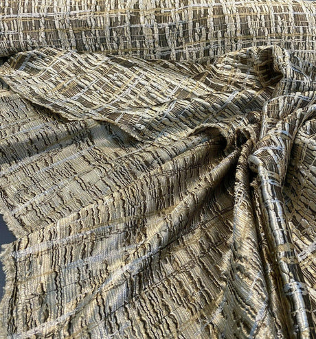 Cubism Square Jacquard Fabric - Gold, Gray Taupe Tint, Contemporary Cubism Square Pattern, 108" Double Width (By The Yard)