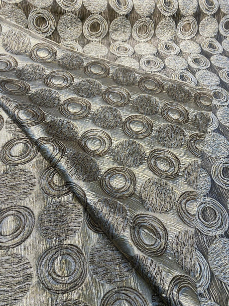 Cubism Circle Jacquard Fabric - Gold And Gray Taupe Contemporary Woven Design, 108" Double Width (1 Yard)