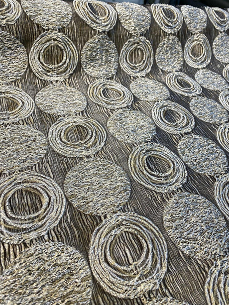 Cubism Circle Jacquard Fabric - Gold And Gray Taupe Contemporary Woven Design, 108" Double Width (1 Yard)