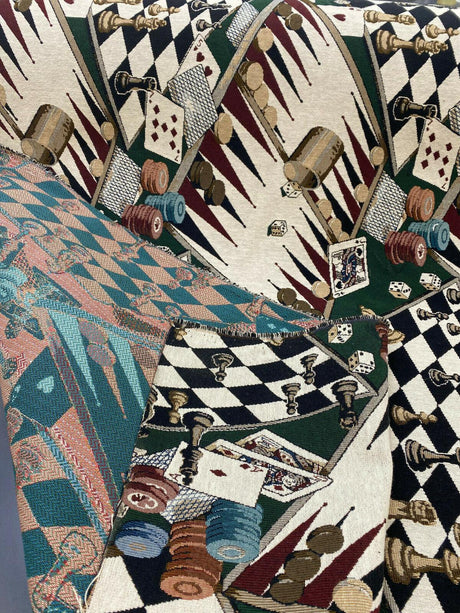 Backgammon Chess Dice Large Polyester Tapestry Fabric - Large Game Board Pattern, 56" Width, 27" Vertical, 14" Horizontal (By The Yard)