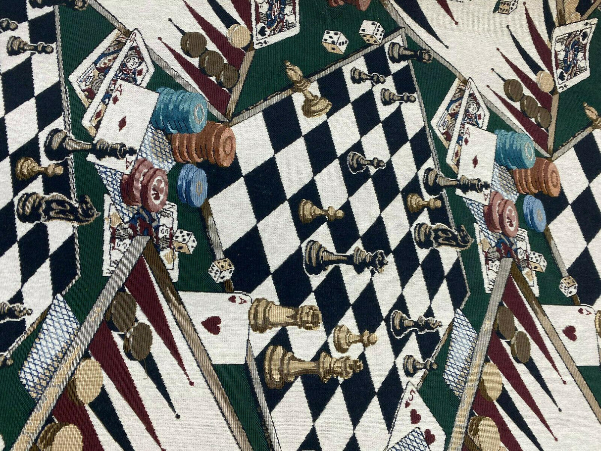 Backgammon Chess Dice Large Polyester Tapestry Fabric - Large Game Board Pattern, 56" Width, 27" Vertical, 14" Horizontal (By The Yard)