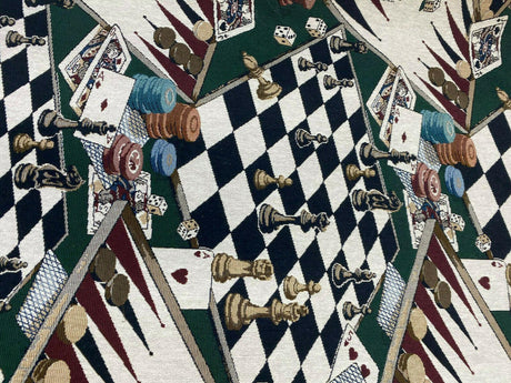 Backgammon Chess Dice Large Polyester Tapestry Fabric - Large Game Board Pattern, 56" Width, 27" Vertical, 14" Horizontal (By The Yard)
