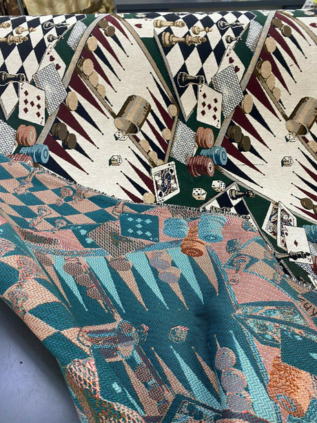 Backgammon Chess Dice Large Polyester Tapestry Fabric - Large Game Board Pattern, 56" Width, 27" Vertical, 14" Horizontal (By The Yard)