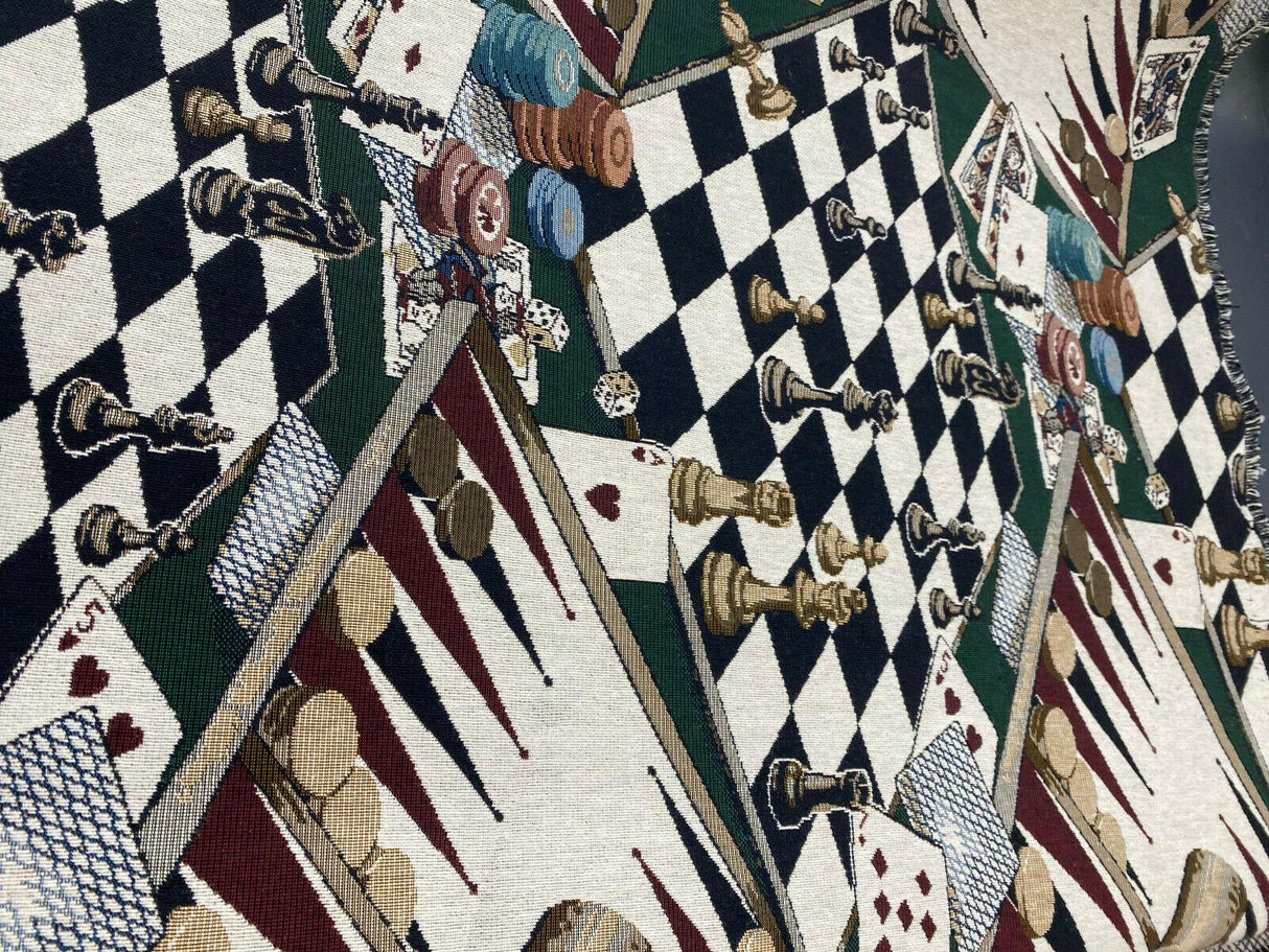 Backgammon Chess Dice Large Polyester Tapestry Fabric - Large Game Board Pattern, 56" Width, 27" Vertical, 14" Horizontal (By The Yard)