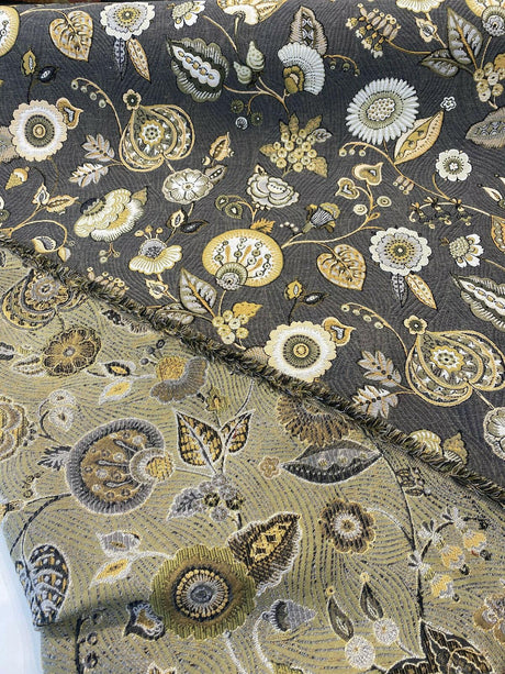 Swavelle Helen Jacquard Brocade Fabric - Gray Yellow Floral, 58" Width (1 Yard)