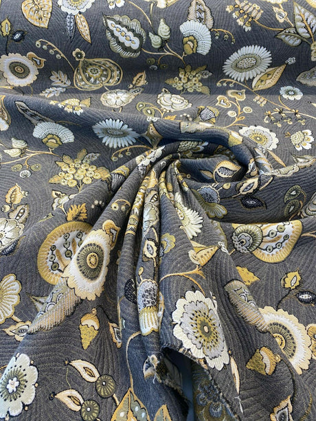 Swavelle Helen Jacquard Brocade Fabric - Gray Yellow Floral, 58" Width (1 Yard)