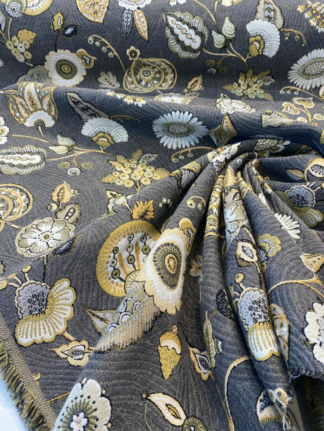 Swavelle Helen Jacquard Brocade Fabric - Gray Yellow Floral, 58" Width (1 Yard)