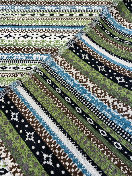 Razzmatazz Stripe Chenille Tapestry Upholstery Fabric - Green Blue Vertical Stripes, 56" Width (By The Yard)