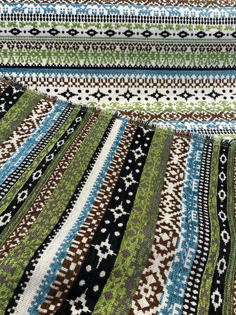 Razzmatazz Stripe Chenille Tapestry Upholstery Fabric - Green Blue Vertical Stripes, 56" Width (By The Yard)