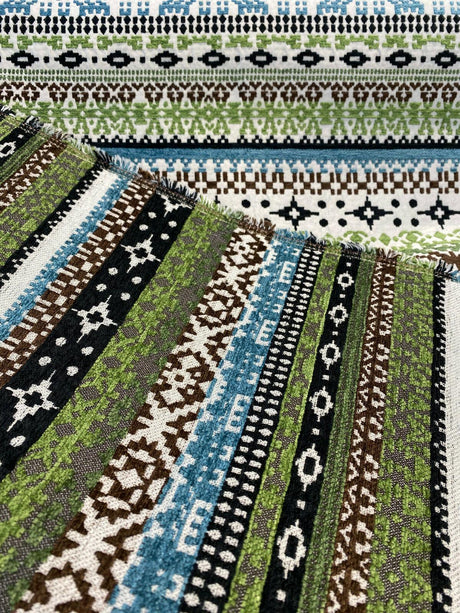 Razzmatazz Stripe Chenille Tapestry Upholstery Fabric - Green Blue Vertical Stripes, 56" Width (By The Yard)