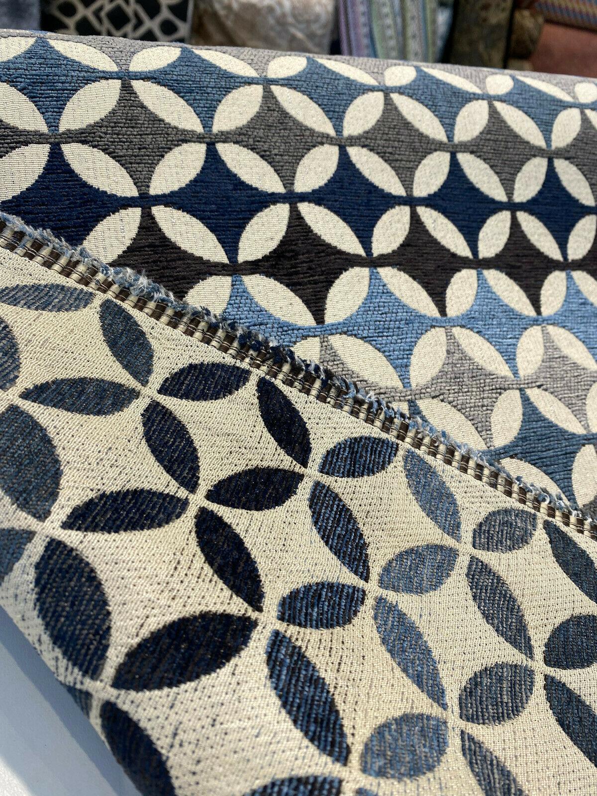 Savoy Seabreeze Blue Circles Chenille Fabric - Blue Brown Gray Beige Circles, 54" Width (1 Yard)