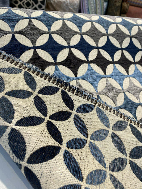 Savoy Seabreeze Blue Circles Chenille Fabric - Blue Brown Gray Beige Circles, 54" Width (1 Yard)