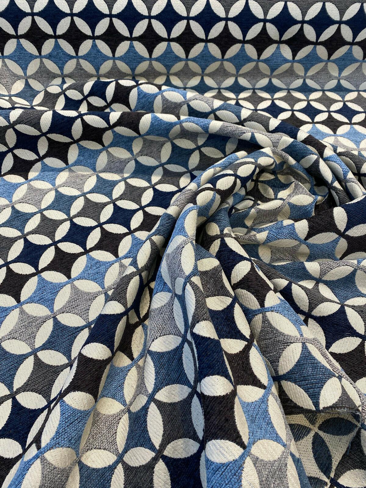 Savoy Seabreeze Blue Circles Chenille Fabric - Blue Brown Gray Beige Circles, 54" Width (1 Yard)