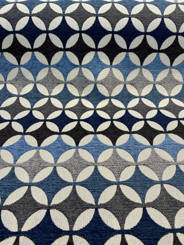 Savoy Seabreeze Blue Circles Chenille Fabric - Blue Brown Gray Beige Circles, 54" Width (1 Yard)