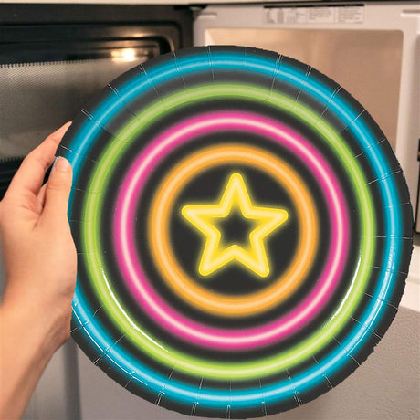 8 Ct. 7" Neon Glow Party Paper Dessert Plates Star Design with Vibrant Neon Colors on Black Background, Disposable Birthday Plates