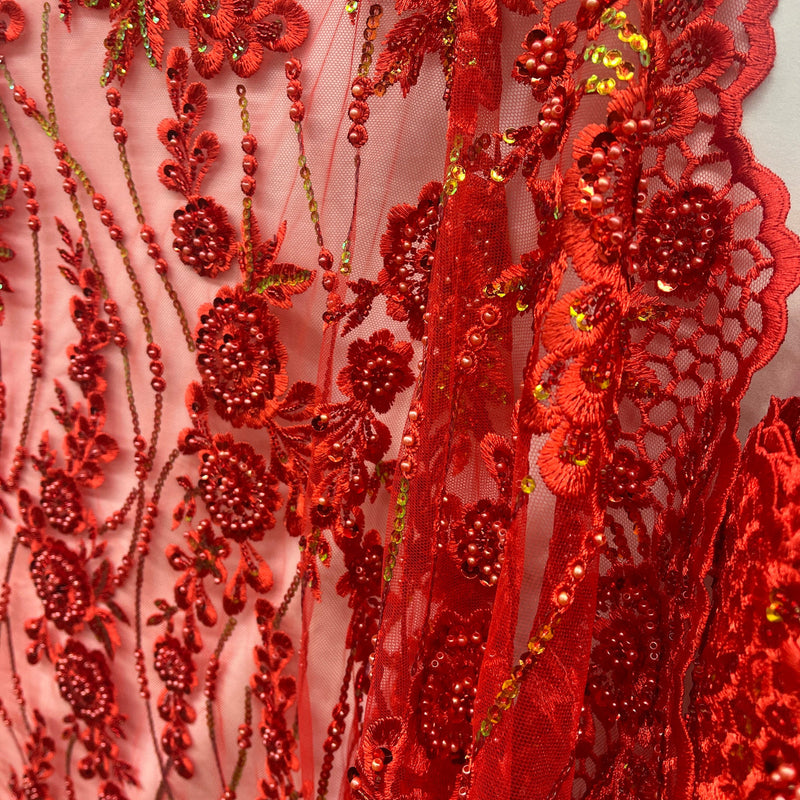 1 Yard Beaded and Sequined Floral Sparkling Lace Fabric Embroidered on 100% Polyester Net Mesh 53" Wide