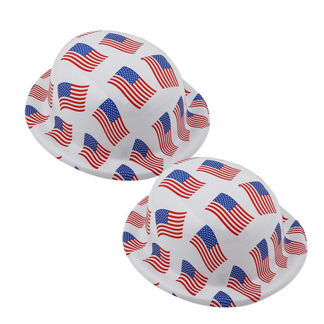 22" circ. Patriotic US Flag Red, White & Blue Plastic Derby Hats 12 Pc.