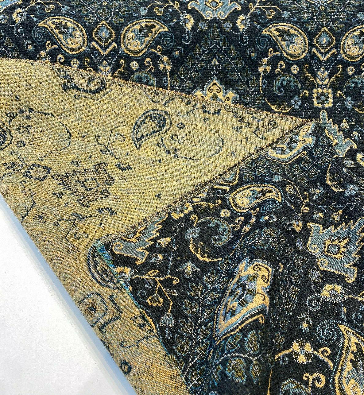 Tegal Dark Navy Damask Floral Upholstery Fabric - Dark Blue, Turquoise, Gold Damask Paisley, 57" Width (1 Yard)