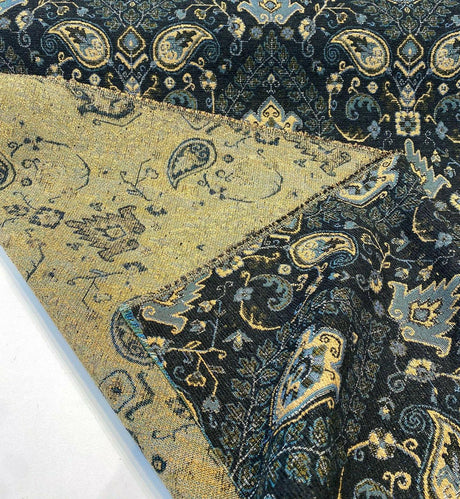 Tegal Dark Navy Damask Floral Upholstery Fabric - Dark Blue, Turquoise, Gold Damask Paisley, 57" Width (1 Yard)