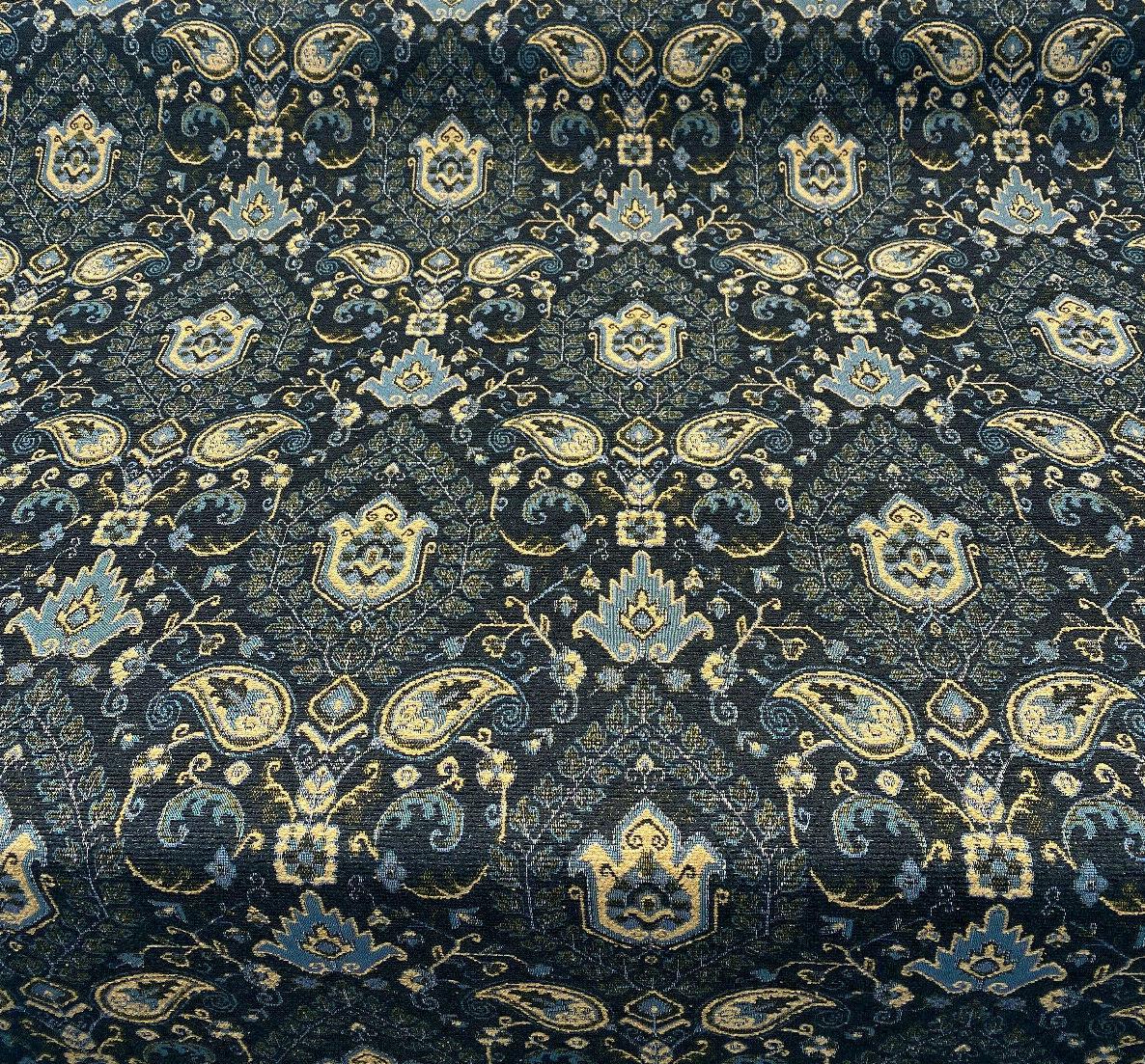 Tegal Dark Navy Damask Floral Upholstery Fabric - Dark Blue, Turquoise, Gold Damask Paisley, 57" Width (1 Yard)