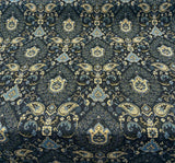 Tegal Dark Navy Damask Floral Upholstery Fabric - Dark Blue, Turquoise, Gold Damask Paisley, 57" Width (1 Yard)