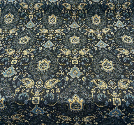 Tegal Dark Navy Damask Floral Upholstery Fabric - Dark Blue, Turquoise, Gold Damask Paisley, 57" Width (1 Yard)