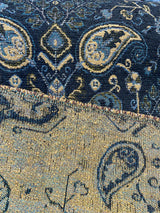 Tegal Dark Navy Damask Floral Upholstery Fabric - Dark Blue, Turquoise, Gold Damask Paisley, 57" Width (1 Yard)