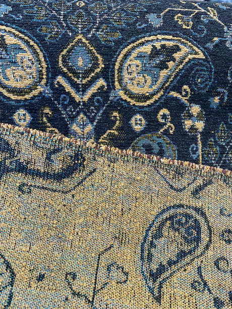 Tegal Dark Navy Damask Floral Upholstery Fabric - Dark Blue, Turquoise, Gold Damask Paisley, 57" Width (1 Yard)