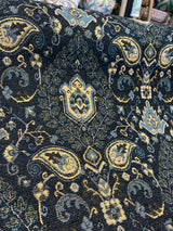 Tegal Dark Navy Damask Floral Upholstery Fabric - Dark Blue, Turquoise, Gold Damask Paisley, 57" Width (1 Yard)