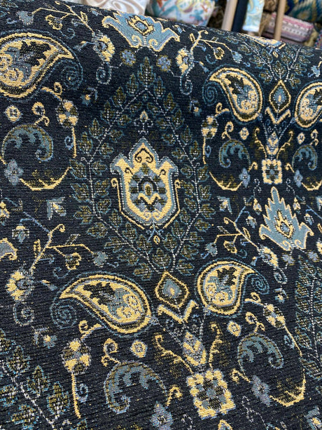 Tegal Dark Navy Damask Floral Upholstery Fabric - Dark Blue, Turquoise, Gold Damask Paisley, 57" Width (1 Yard)
