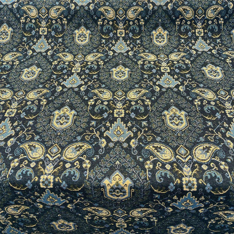 Tegal Dark Navy Damask Floral Upholstery Fabric - Dark Blue, Turquoise, Gold Damask Paisley, 57" Width (1 Yard)