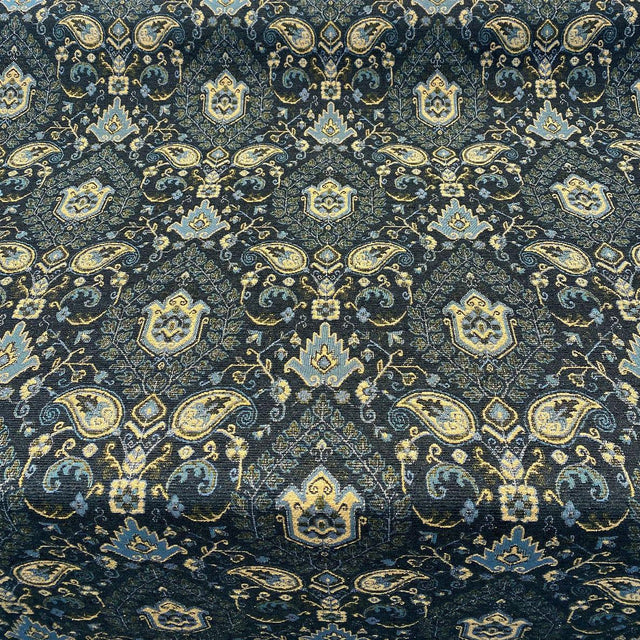 Tegal Dark Navy Damask Floral Upholstery Fabric - Dark Blue, Turquoise, Gold Damask Paisley, 57" Width (1 Yard)