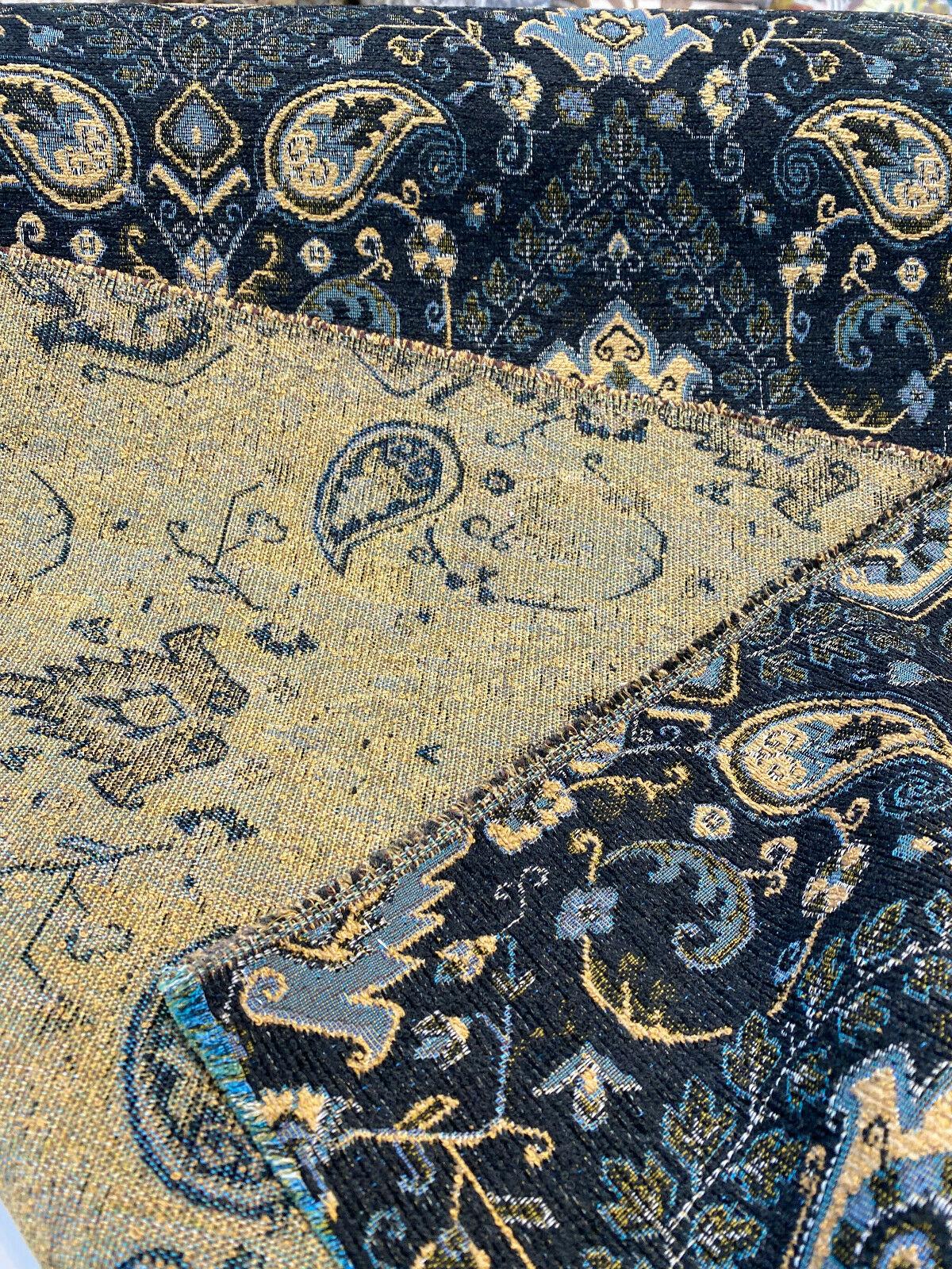 Tegal Dark Navy Damask Floral Upholstery Fabric - Dark Blue, Turquoise, Gold Damask Paisley, 57" Width (1 Yard)