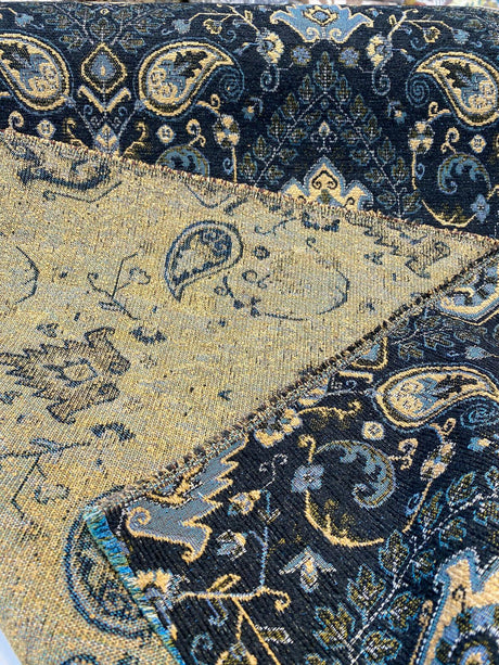 Tegal Dark Navy Damask Floral Upholstery Fabric - Dark Blue, Turquoise, Gold Damask Paisley, 57" Width (1 Yard)
