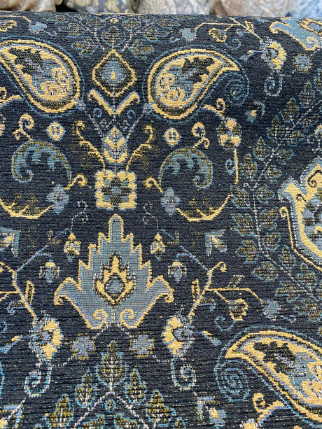Tegal Dark Navy Damask Floral Upholstery Fabric - Dark Blue, Turquoise, Gold Damask Paisley, 57" Width (1 Yard)