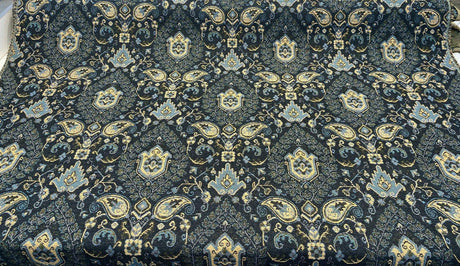 Tegal Dark Navy Damask Floral Upholstery Fabric - Dark Blue, Turquoise, Gold Damask Paisley, 57" Width (1 Yard)
