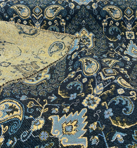 Tegal Dark Navy Damask Floral Upholstery Fabric - Dark Blue, Turquoise, Gold Damask Paisley, 57" Width (1 Yard)