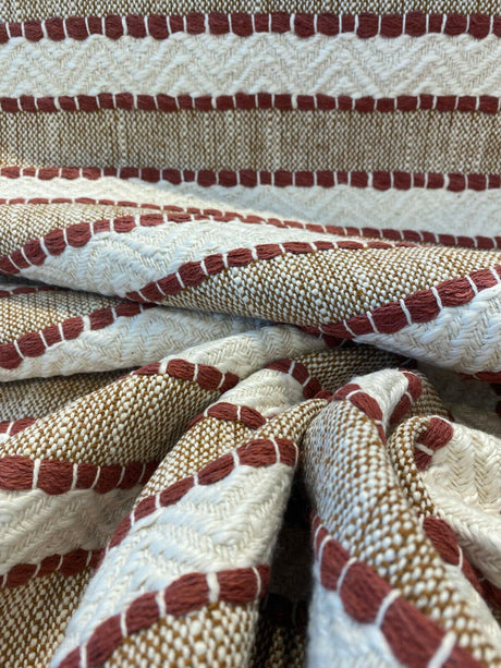 Inca Trail Cotton Upholstery Fabric - Cinnabar Rust Red, Stripe, Texture, Chevron, 54" Width (1 Yard)